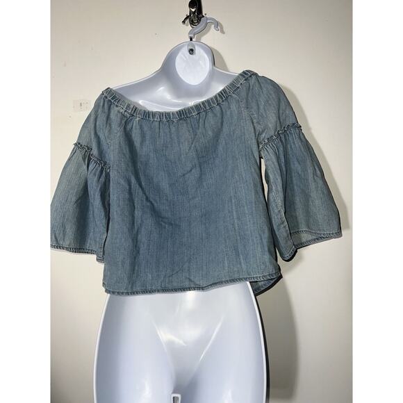 Madewell Crop Top Small Off The Shoulder Azalea Chambray Denim Boho Cottage Core - Picture 12 of 12